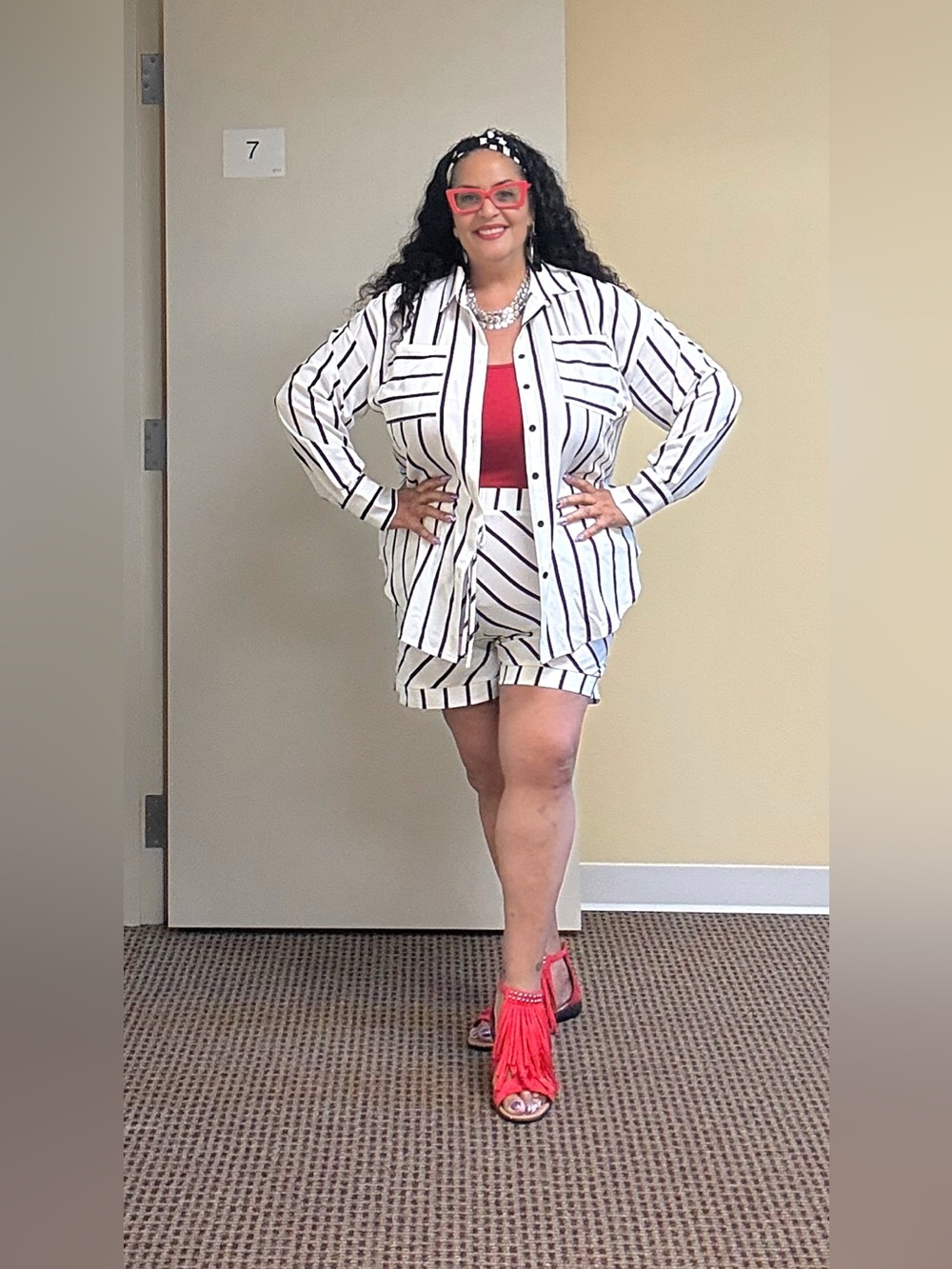 SHEIN White and Black Striped Two-Piece Skirt Set with Red Tank